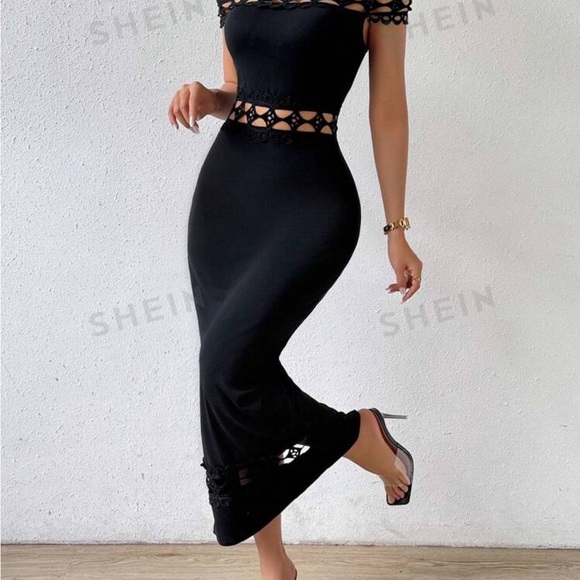 Black Summer off shoulder slim fit long dress with lace. - Picture 2 of 12